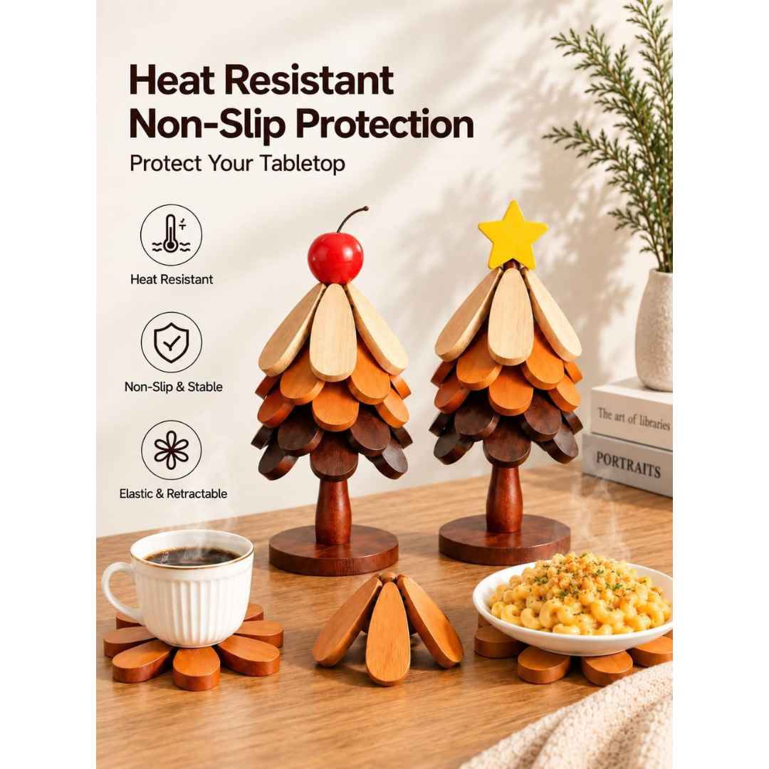 Wooden Trivets Set of 5 With Stand For Hot Dishes