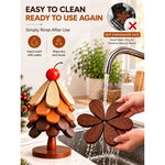 Wooden Trivets Set of 5 With Stand For Hot Dishes