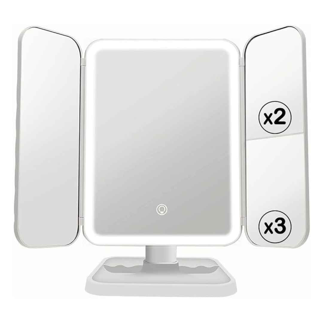 LED Vanity Makeup Mirror 3 Folds With Magnification Touch Screen Control & 180 Degree Adjustable
