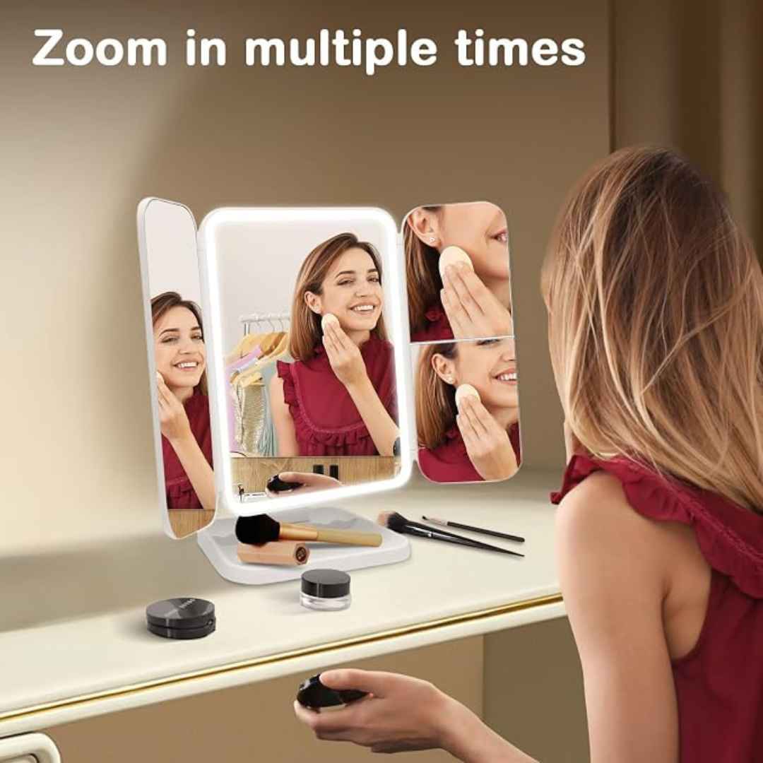 LED Vanity Makeup Mirror 3 Folds With Magnification Touch Screen Control & 180 Degree Adjustable