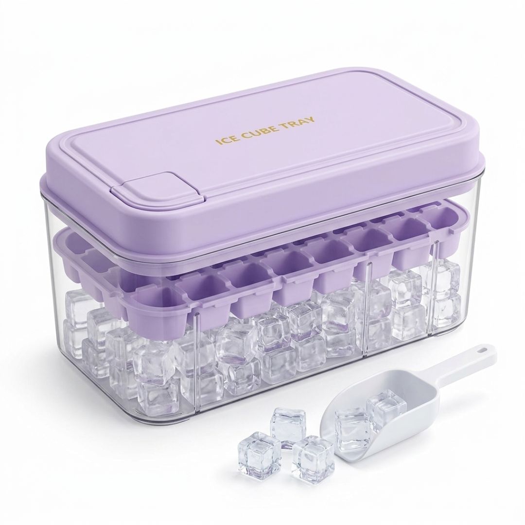 Ice Cube Maker Press Release Tray 32 Cavities With Scoop & Lid
