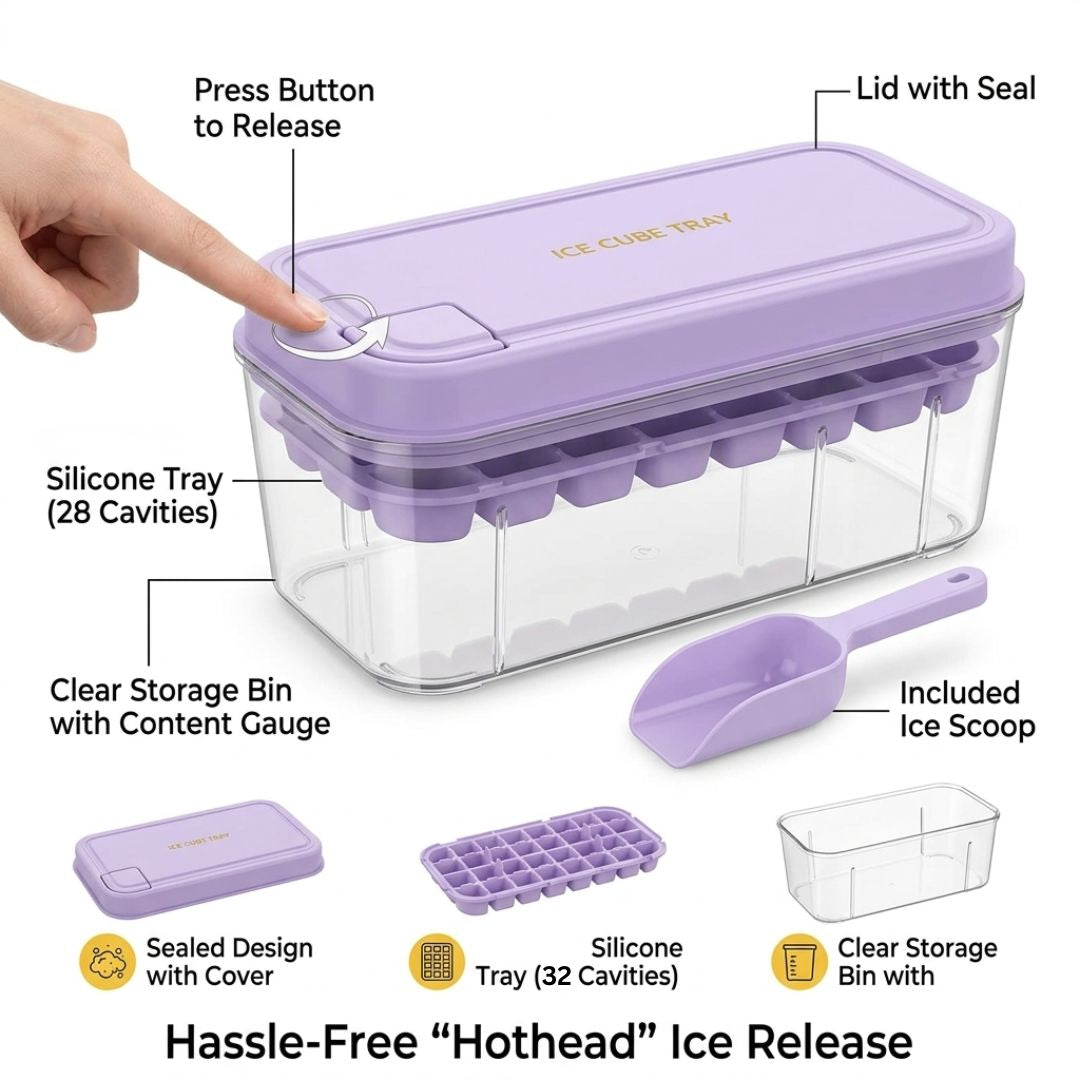 Ice Cube Maker Press Release Tray 32 Cavities With Scoop & Lid