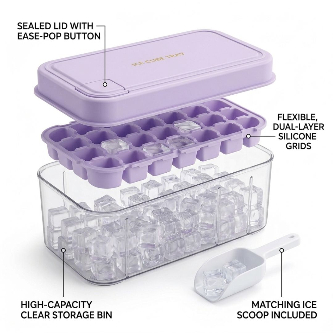 Ice Cube Maker Press Release Tray 32 Cavities With Scoop & Lid