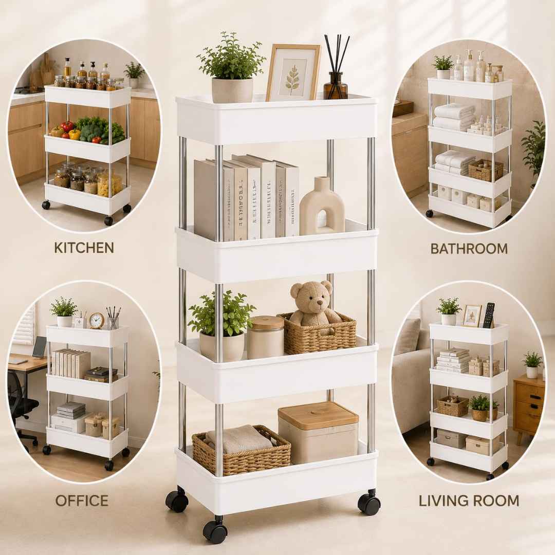 Multipurpose White Storage Organizer Slim Rack Shelf With Wheels