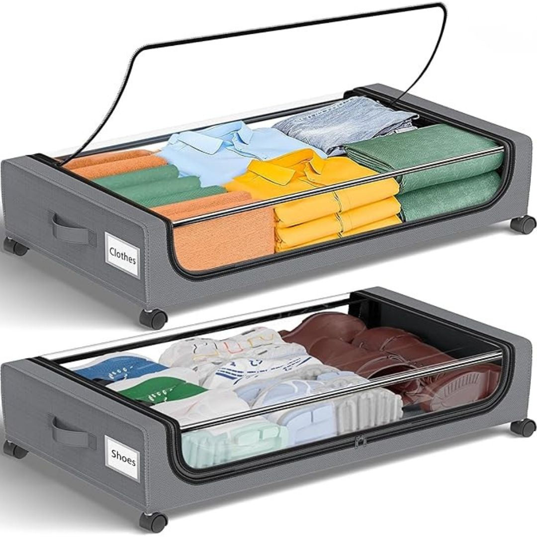 2-Pack 48L Under Bed Storage Fabric Containers With Metal Frame Transparent Lid & Wheels