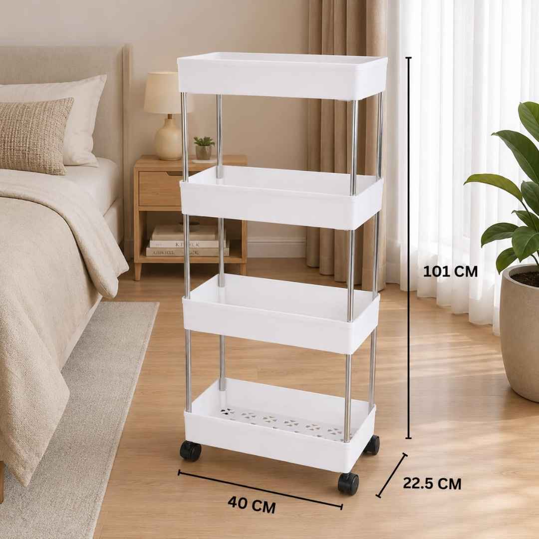 Multipurpose White Storage Organizer Slim Rack Shelf With Wheels