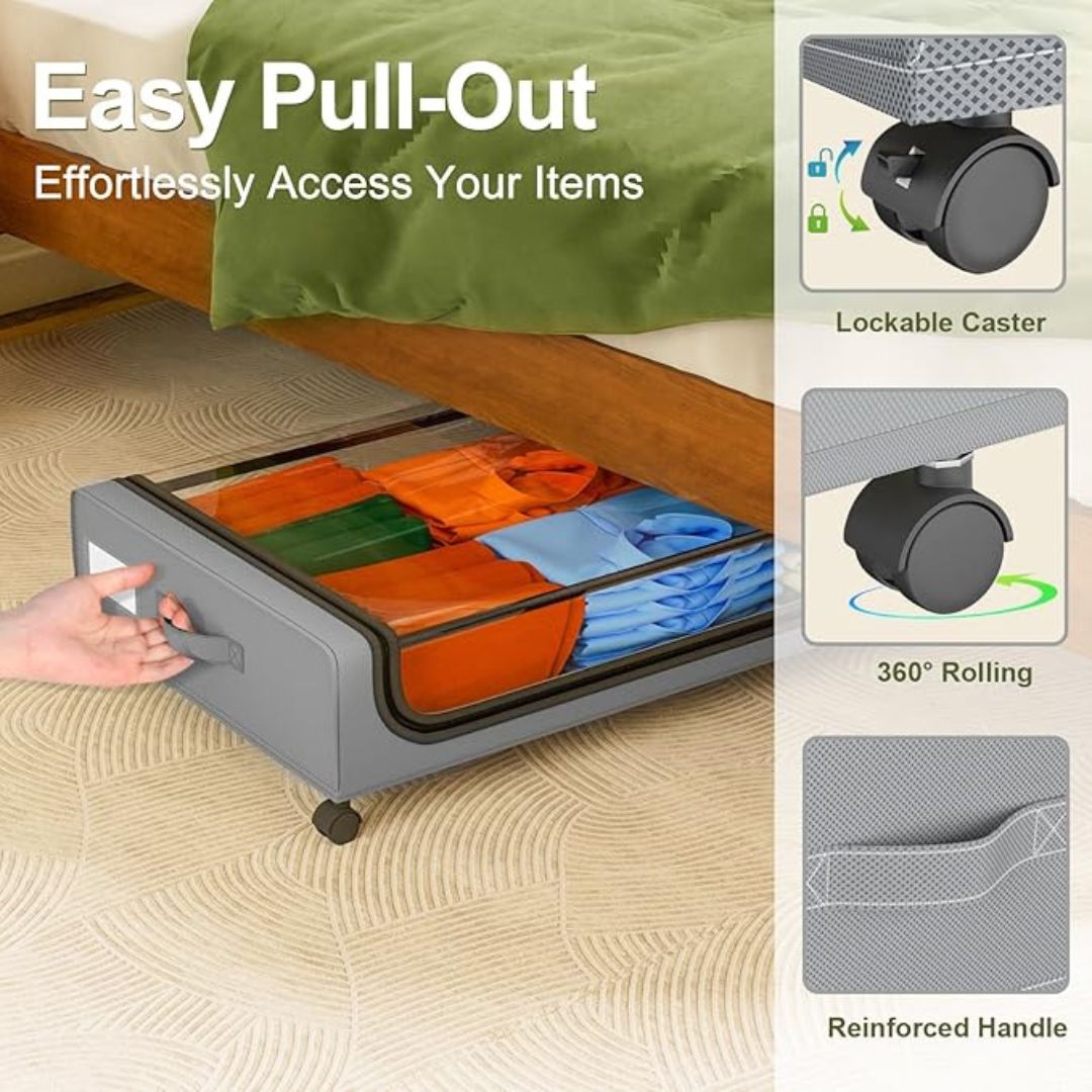 2-Pack 48L Under Bed Storage Fabric Containers With Metal Frame Transparent Lid & Wheels