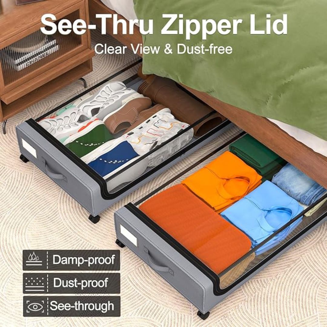 2-Pack 48L Under Bed Storage Fabric Containers With Metal Frame Transparent Lid & Wheels