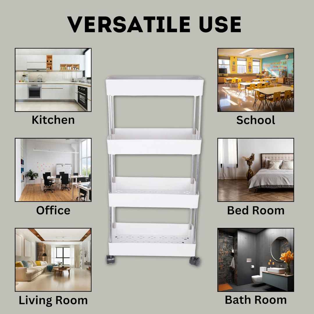 Multipurpose White Storage Organizer Slim Rack Shelf With Wheels