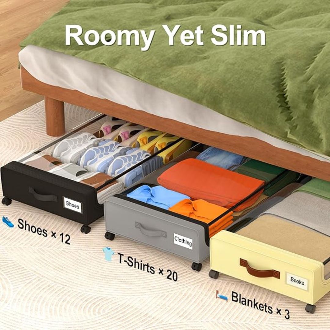 2-Pack 48L Under Bed Storage Fabric Containers With Metal Frame Transparent Lid & Wheels