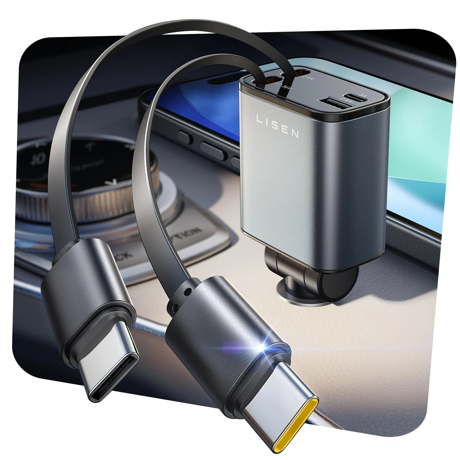 Lisen Upgraded Dual Type C Retractable Fast 69W 4 in 1 Car Charger