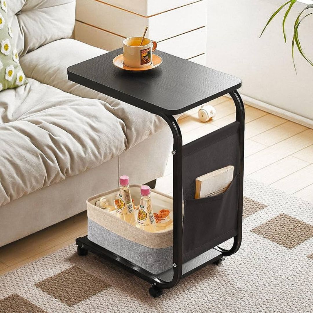 C Shaped Sofa Side Table With Storage Basket & Wheels