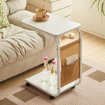 C Shaped Sofa Side Table With Storage Basket & Wheels