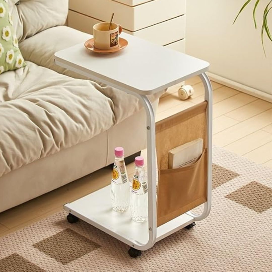 C Shaped Sofa Side Table With Storage Basket & Wheels