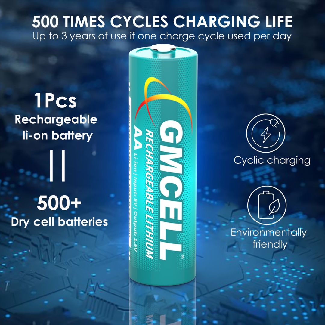 GMCELL Pack of 4 AA Rechargeable Lithium Batteries 1.5V 3000mWh 1000Cycles