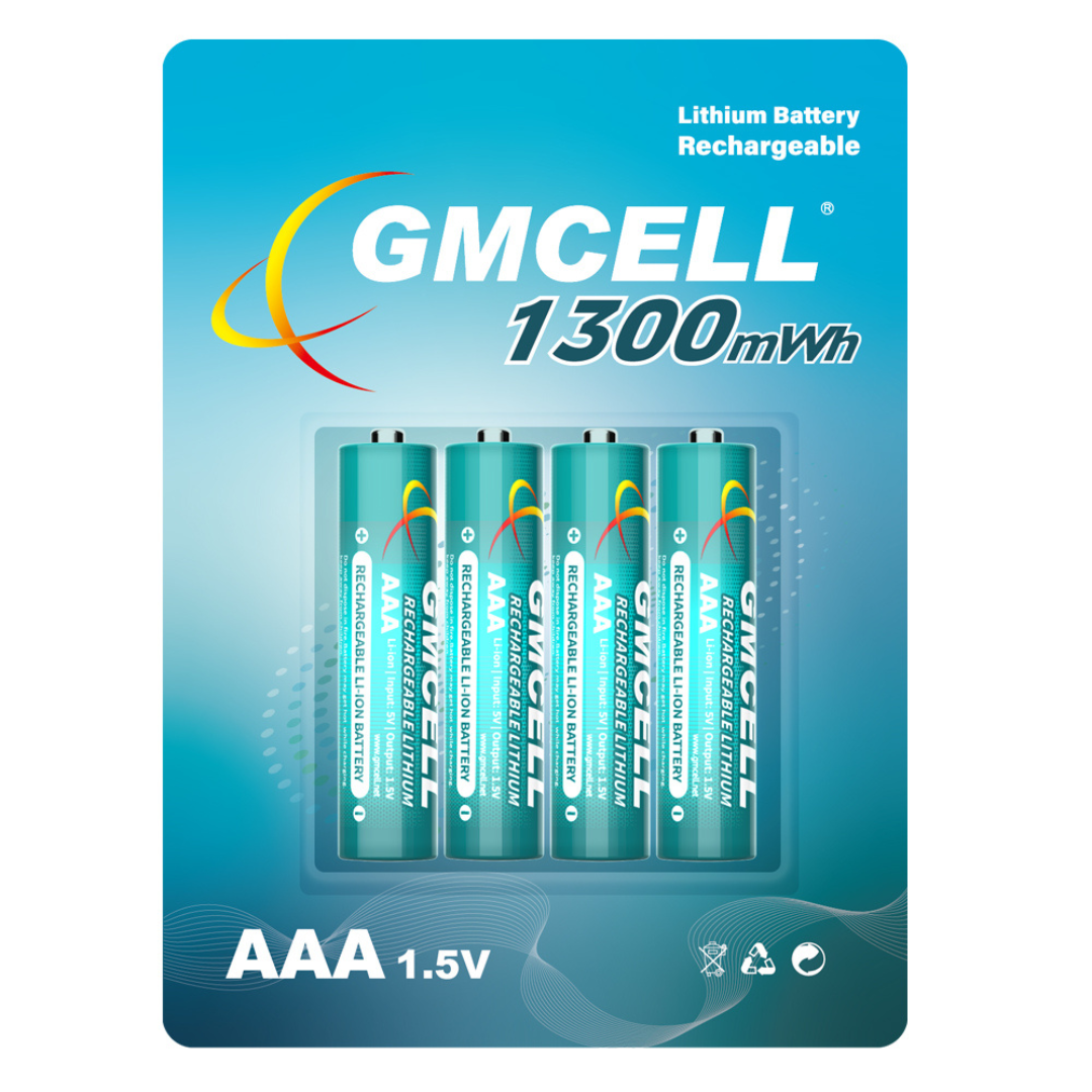 GMCELL Pack of 4 AAA Rechargeable Lithium Batteries 1.5V 1300mWh 1000Cycles
