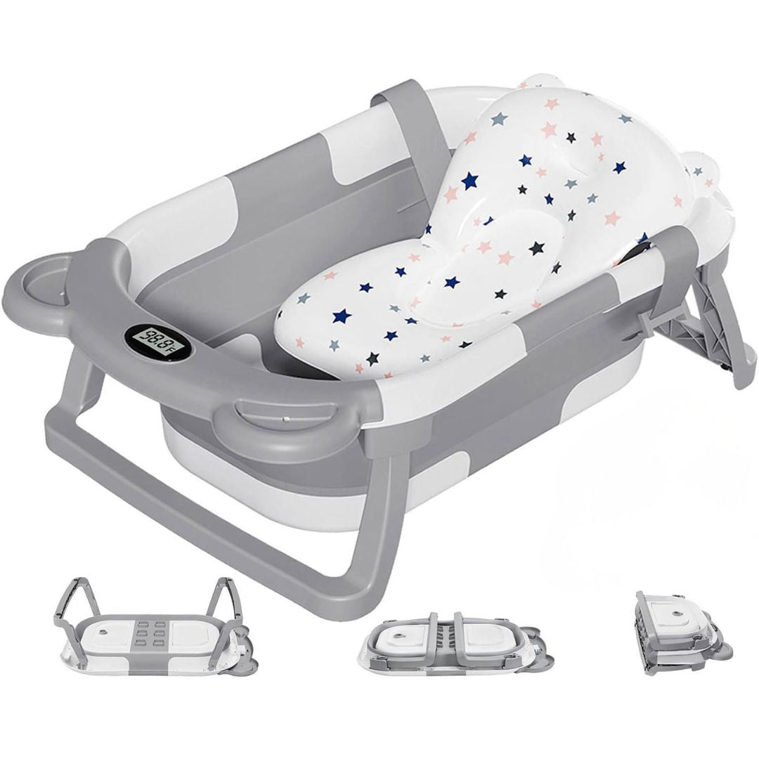 Collapsible Baby Bathtub For Newborn With Thermometer & 1 Soft Floating Cushion