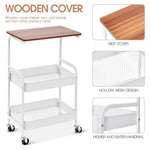 3-Tier Utility Cart - Wooden Tabletop & Lockable Wheels