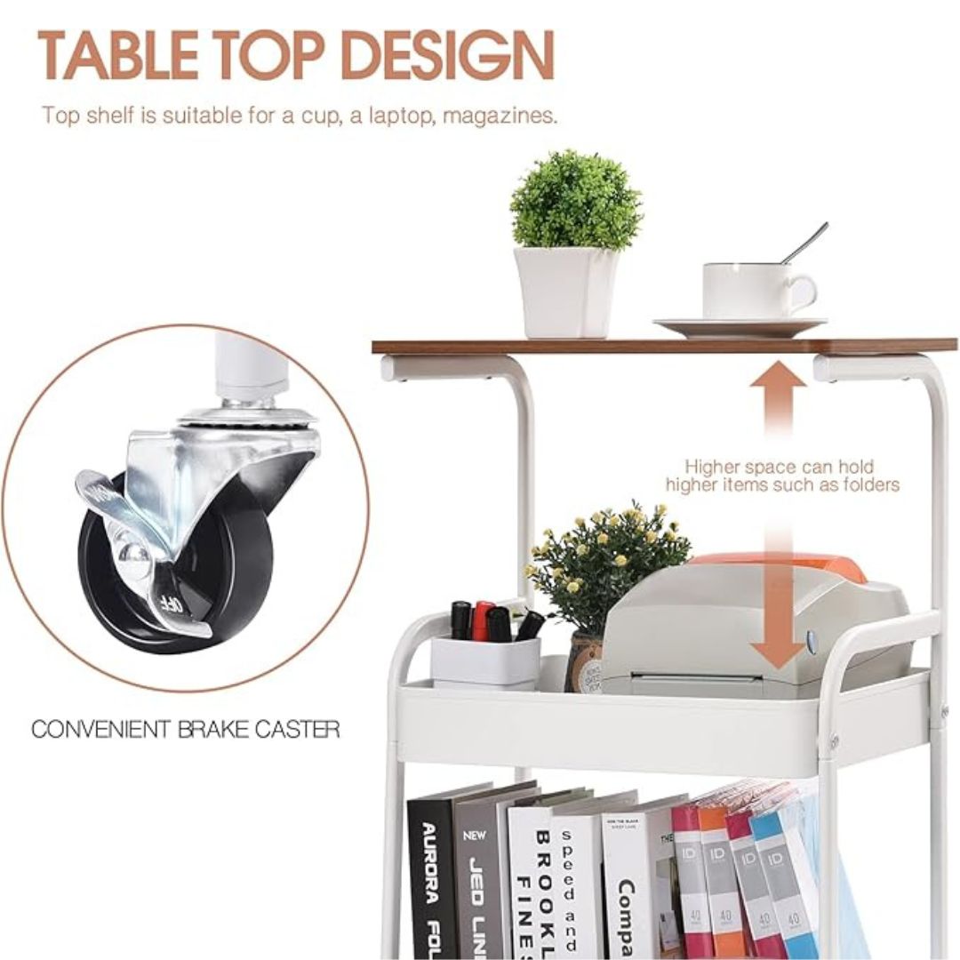 3-Tier Utility Cart - Wooden Tabletop & Lockable Wheels