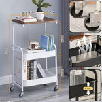 3-Tier Utility Cart - Wooden Tabletop & Lockable Wheels