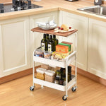 3-Tier Utility Cart - Wooden Tabletop & Lockable Wheels