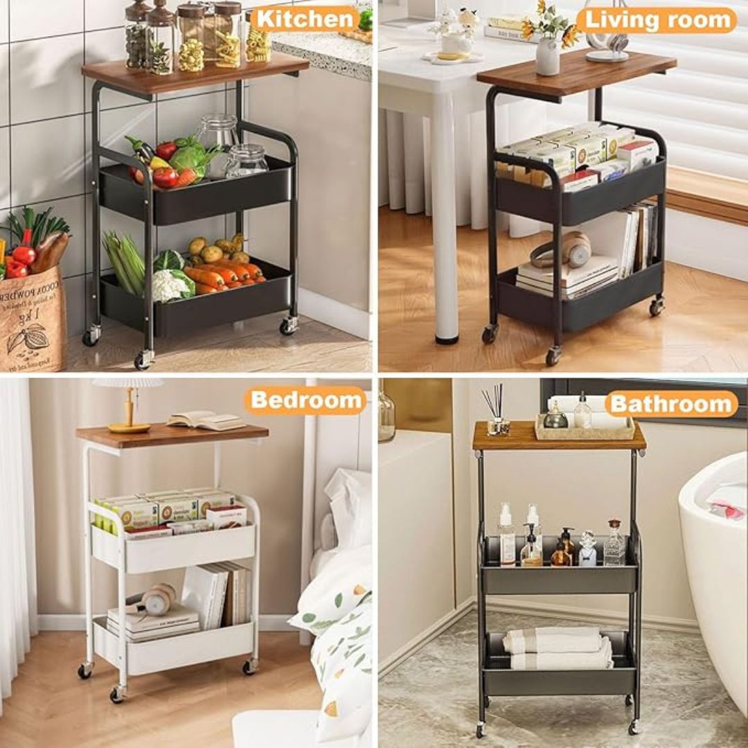 3-Tier Utility Cart - Wooden Tabletop & Lockable Wheels