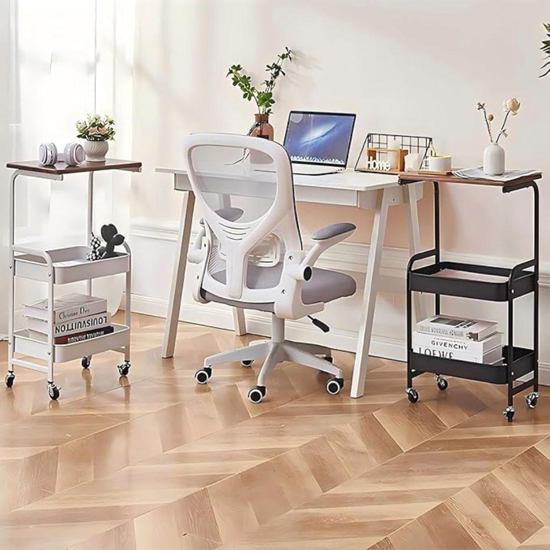 3-Tier Utility Cart - Wooden Tabletop & Lockable Wheels