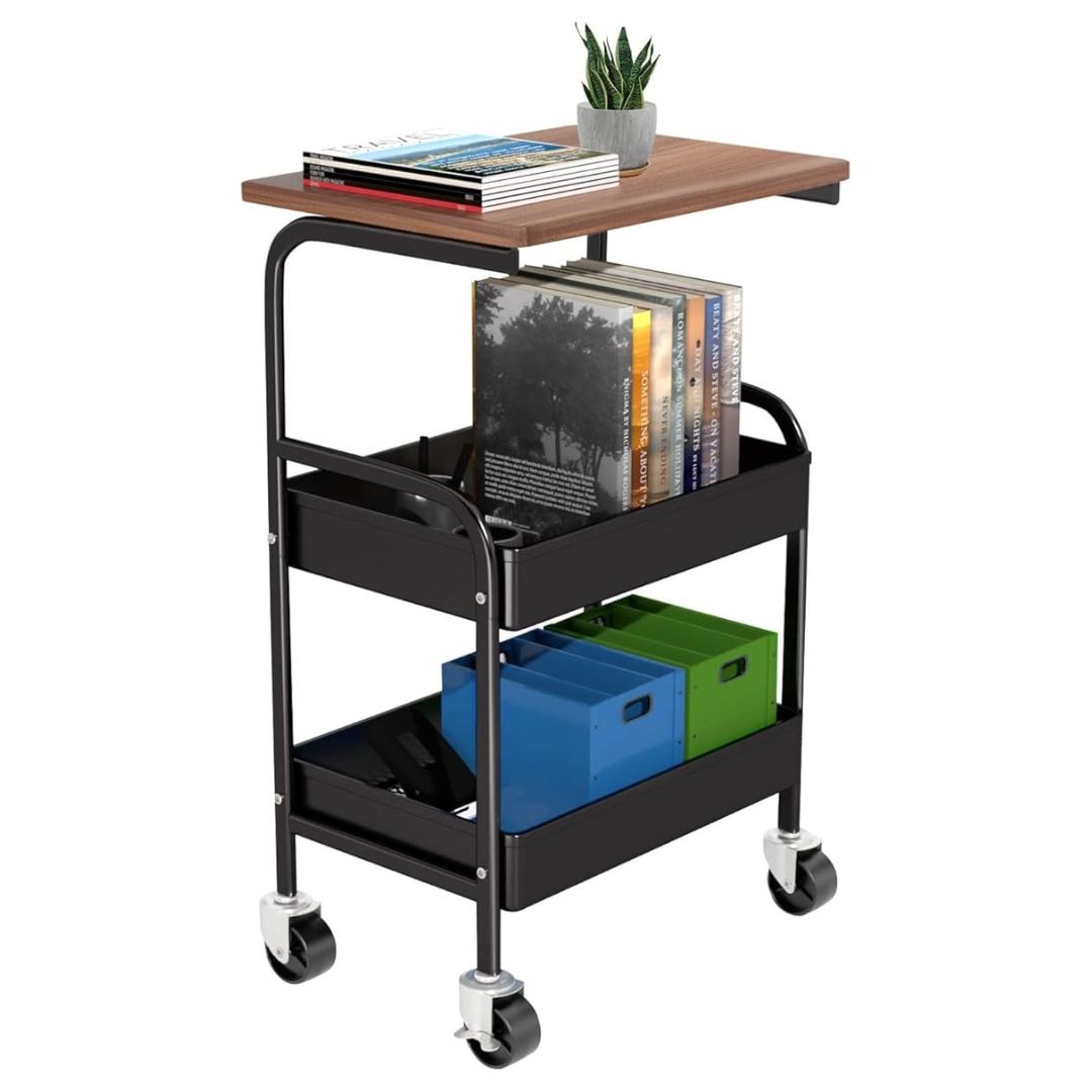 3-Tier Utility Cart - Wooden Tabletop & Lockable Wheels