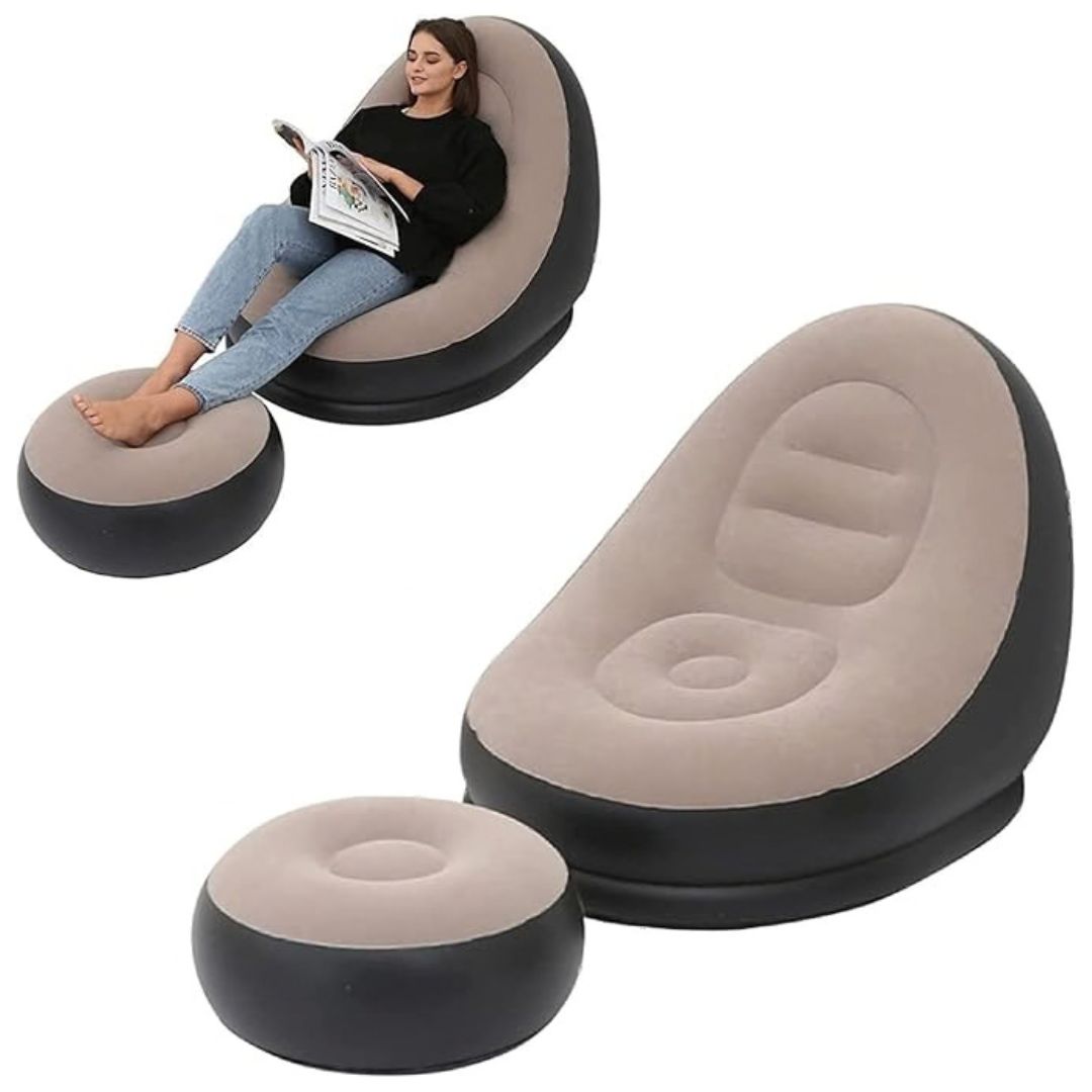 Inflatable Lounge Chair for Adults, Folding Portable Lazy Sofa with Foot Stool Lazy Flocking Recliner Chair Air Couch Sofa for Indoor Outdoor Travel Camping（No Pump）
