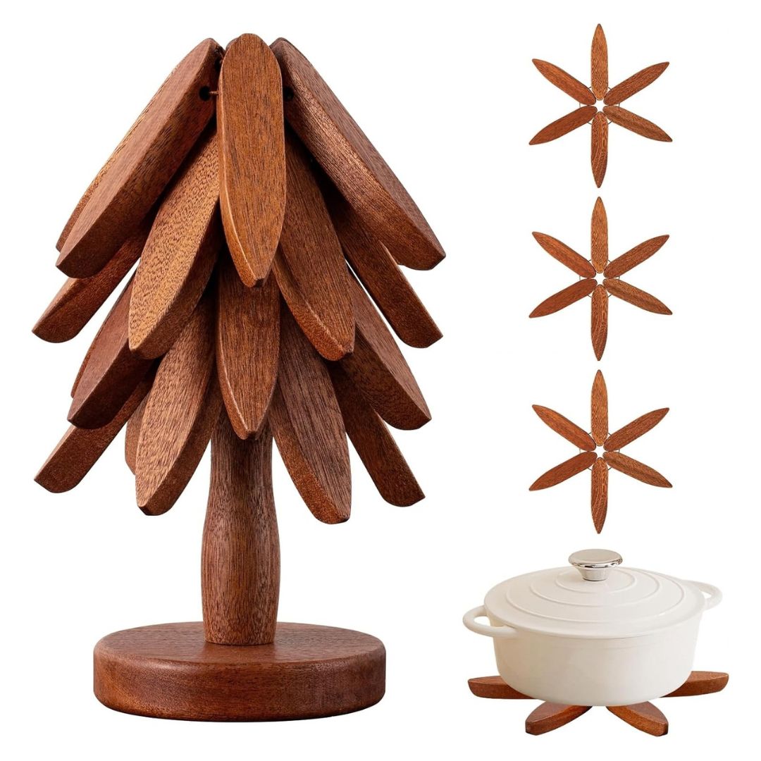 Tree-Shaped Walnut Wooden Trivets (4 Pcs) For Hot Dishes