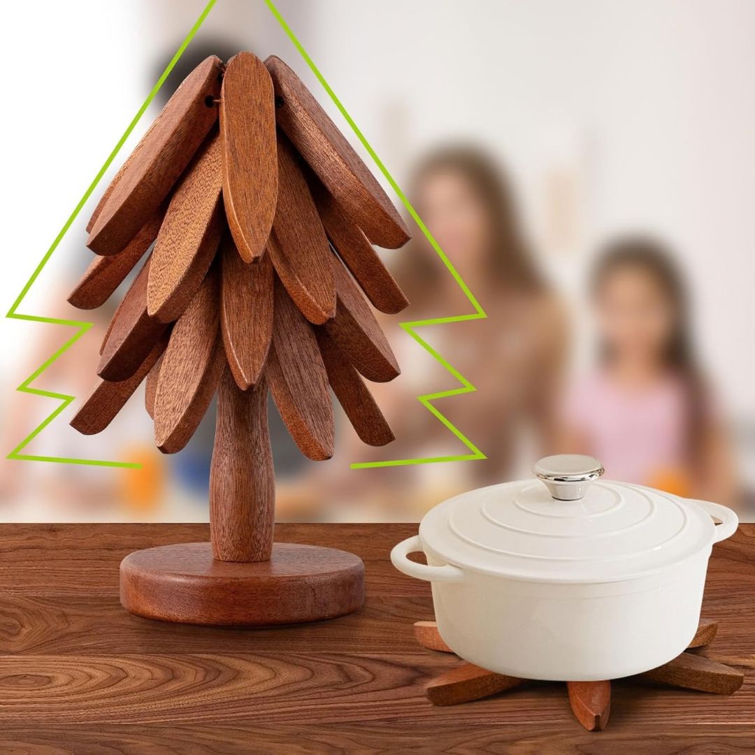 Tree-Shaped Walnut Wooden Trivets (4 Pcs) For Hot Dishes