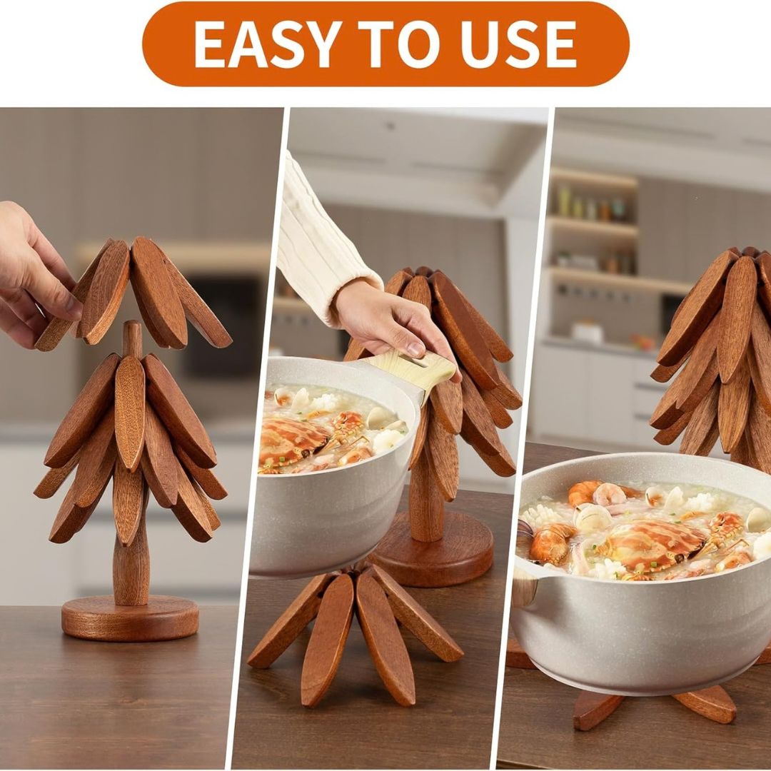 Tree-Shaped Walnut Wooden Trivets (4 Pcs) For Hot Dishes