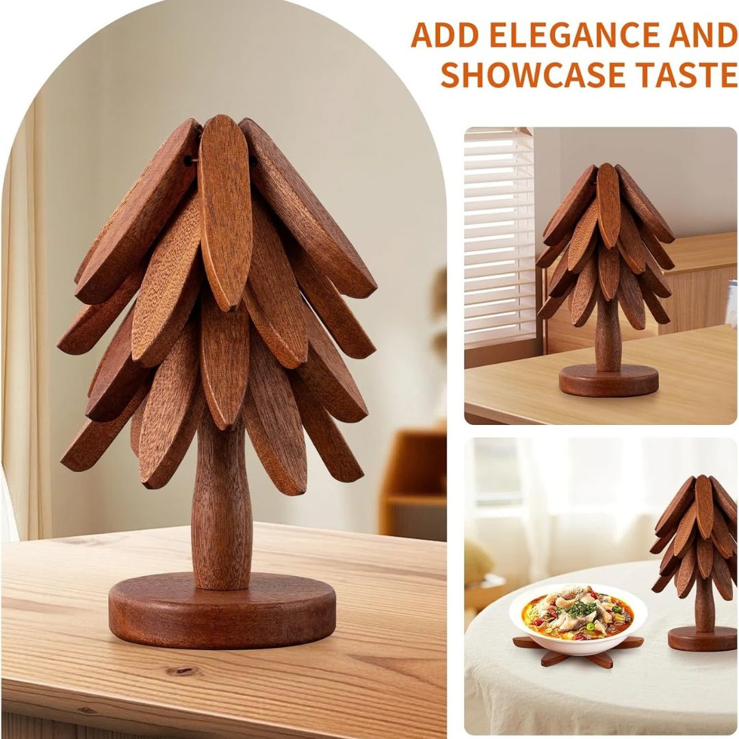 Tree-Shaped Walnut Wooden Trivets (4 Pcs) For Hot Dishes
