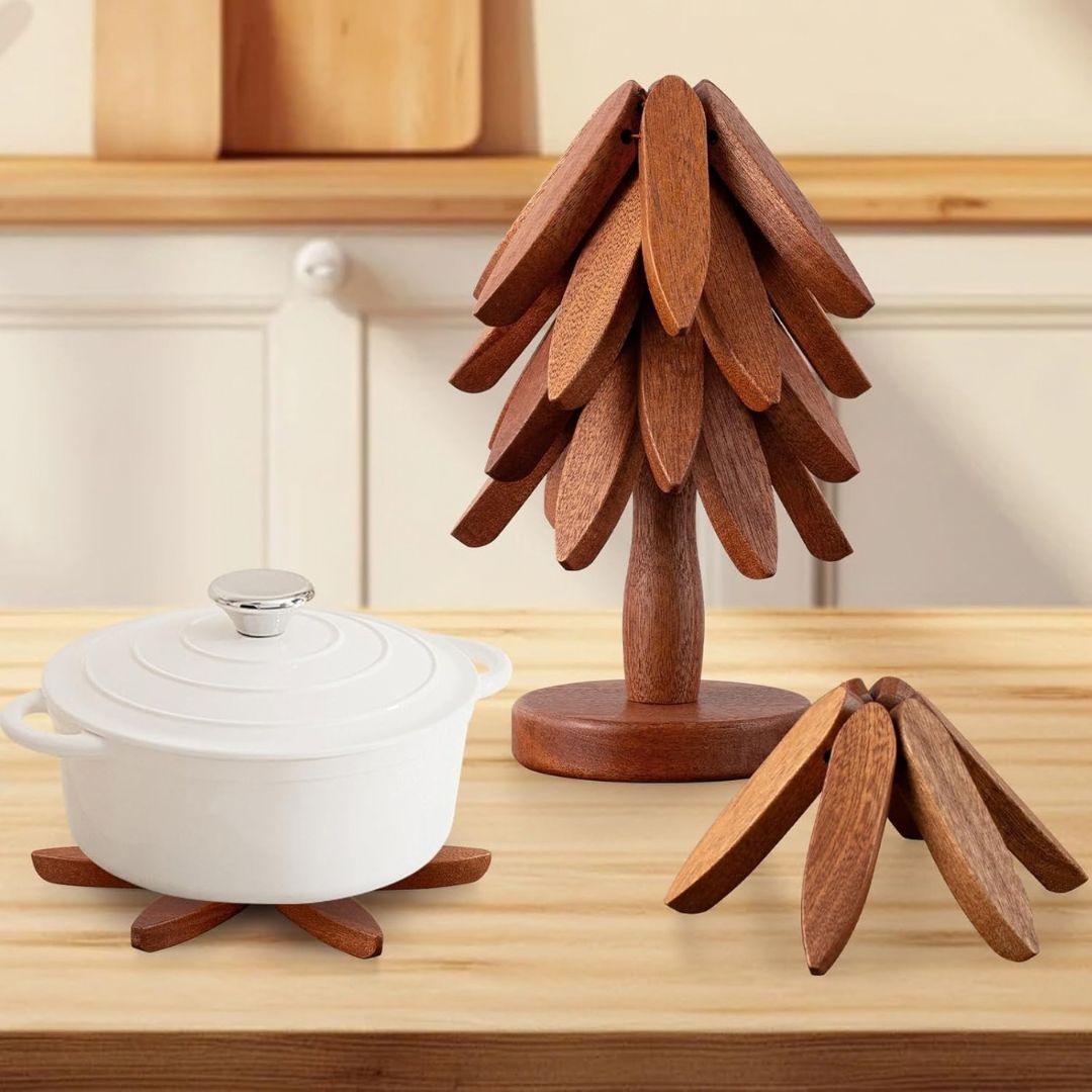 Tree-Shaped Walnut Wooden Trivets (4 Pcs) For Hot Dishes