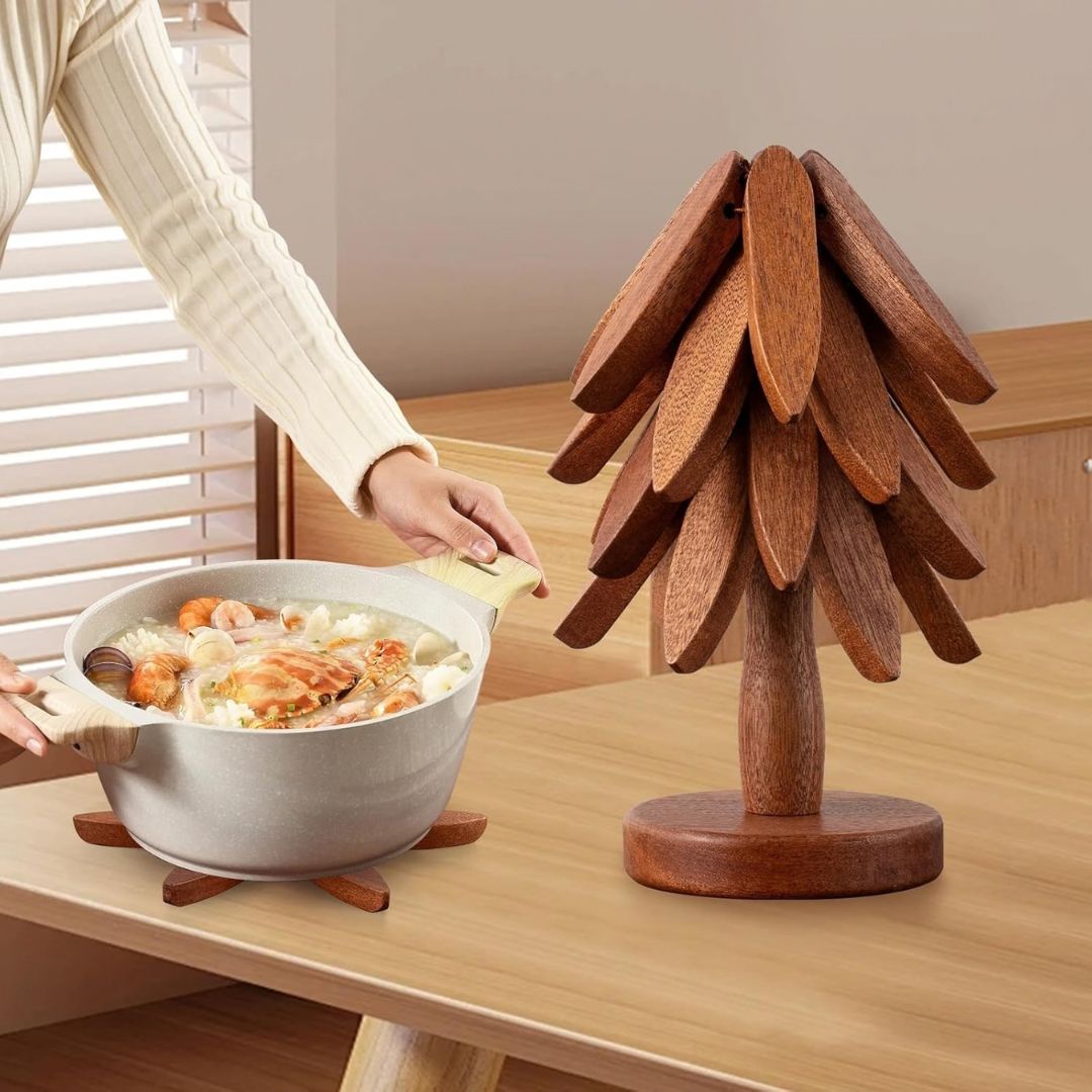 Tree-Shaped Walnut Wooden Trivets (4 Pcs) For Hot Dishes