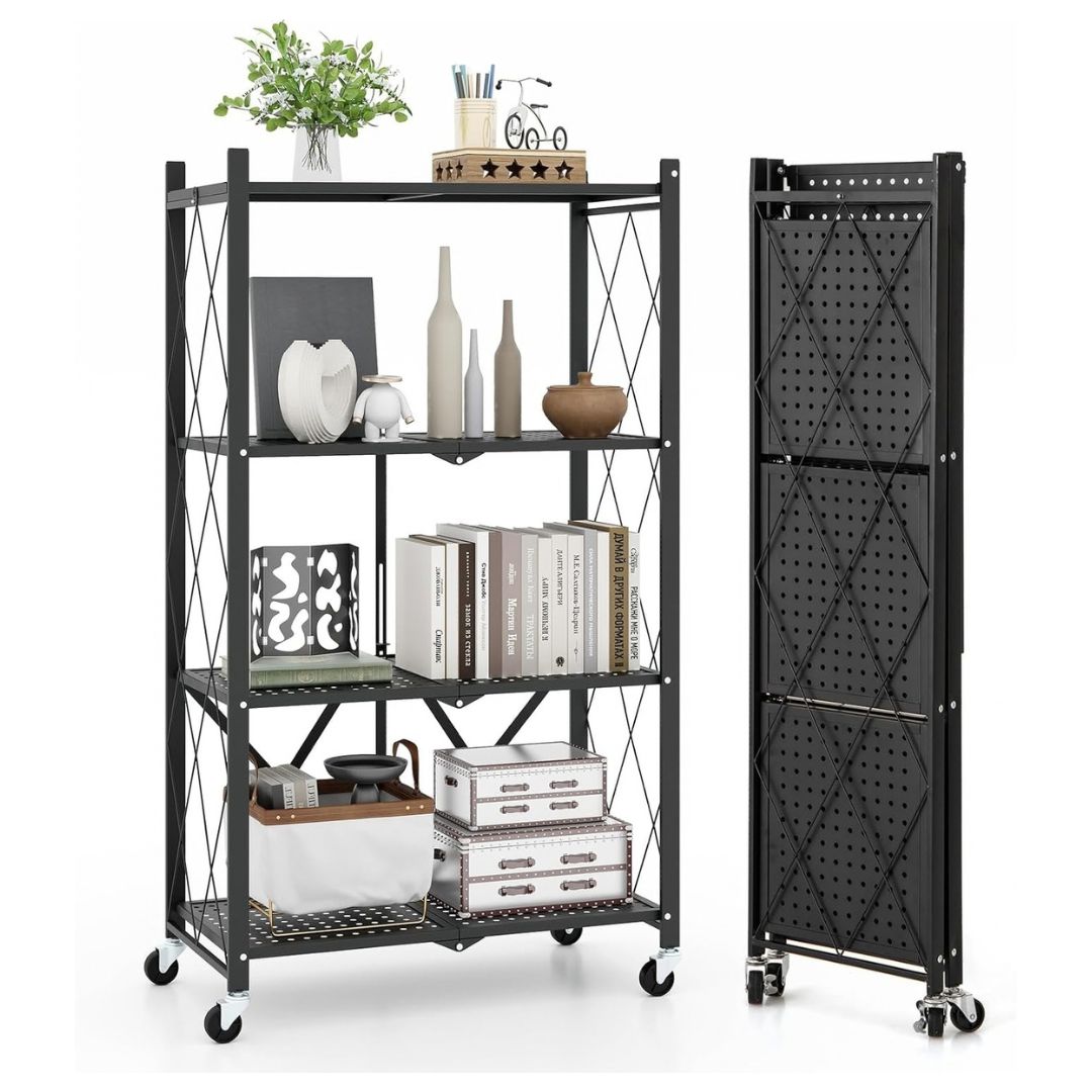 4 Tier Metal Foldable Shelving Unit Display With Wheels - Heavy Duty Organizer Rack