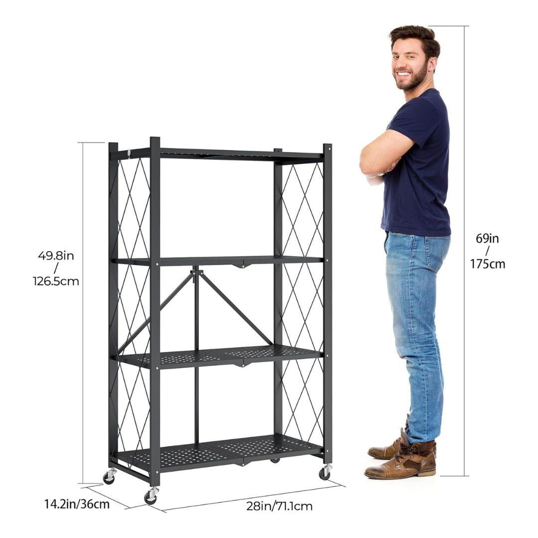 4 Tier Metal Foldable Shelving Unit Display With Wheels - Heavy Duty Organizer Rack