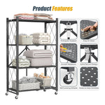 4 Tier Metal Foldable Shelving Unit Display With Wheels - Heavy Duty Organizer Rack