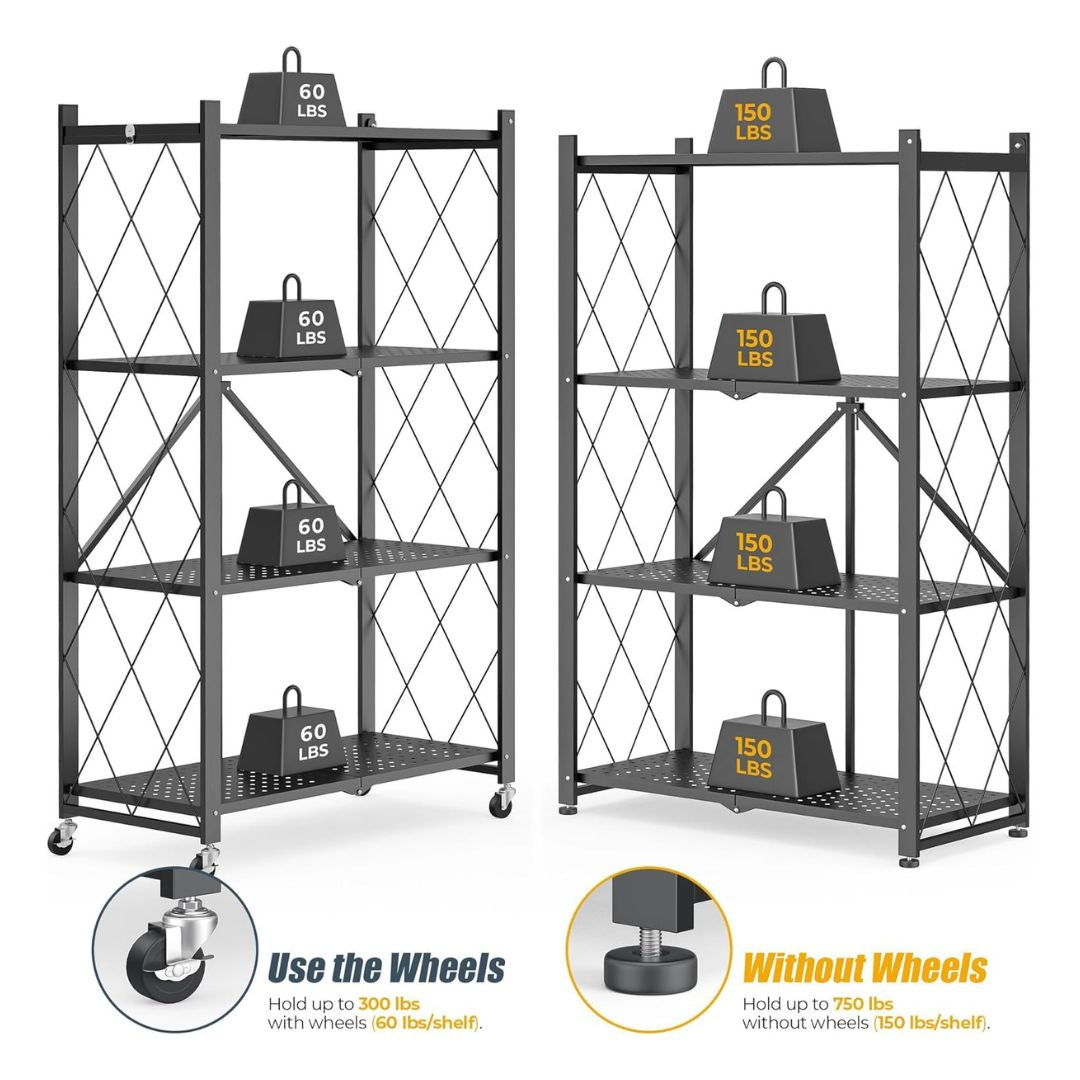 4 Tier Metal Foldable Shelving Unit Display With Wheels - Heavy Duty Organizer Rack