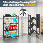 4 Tier Metal Foldable Shelving Unit Display With Wheels - Heavy Duty Organizer Rack