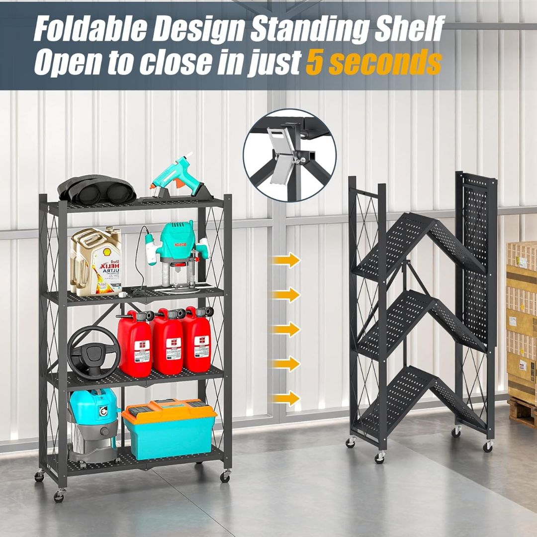 4 Tier Metal Foldable Shelving Unit Display With Wheels - Heavy Duty Organizer Rack