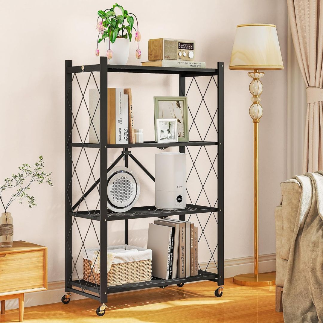 4 Tier Metal Foldable Shelving Unit Display With Wheels - Heavy Duty Organizer Rack