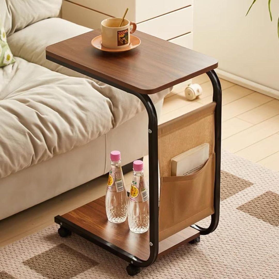C Shaped Sofa Side Table With Storage Basket & Wheels