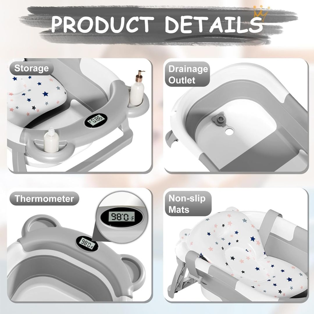 Collapsible Baby Bathtub For Newborn With Thermometer & 1 Soft Floating Cushion