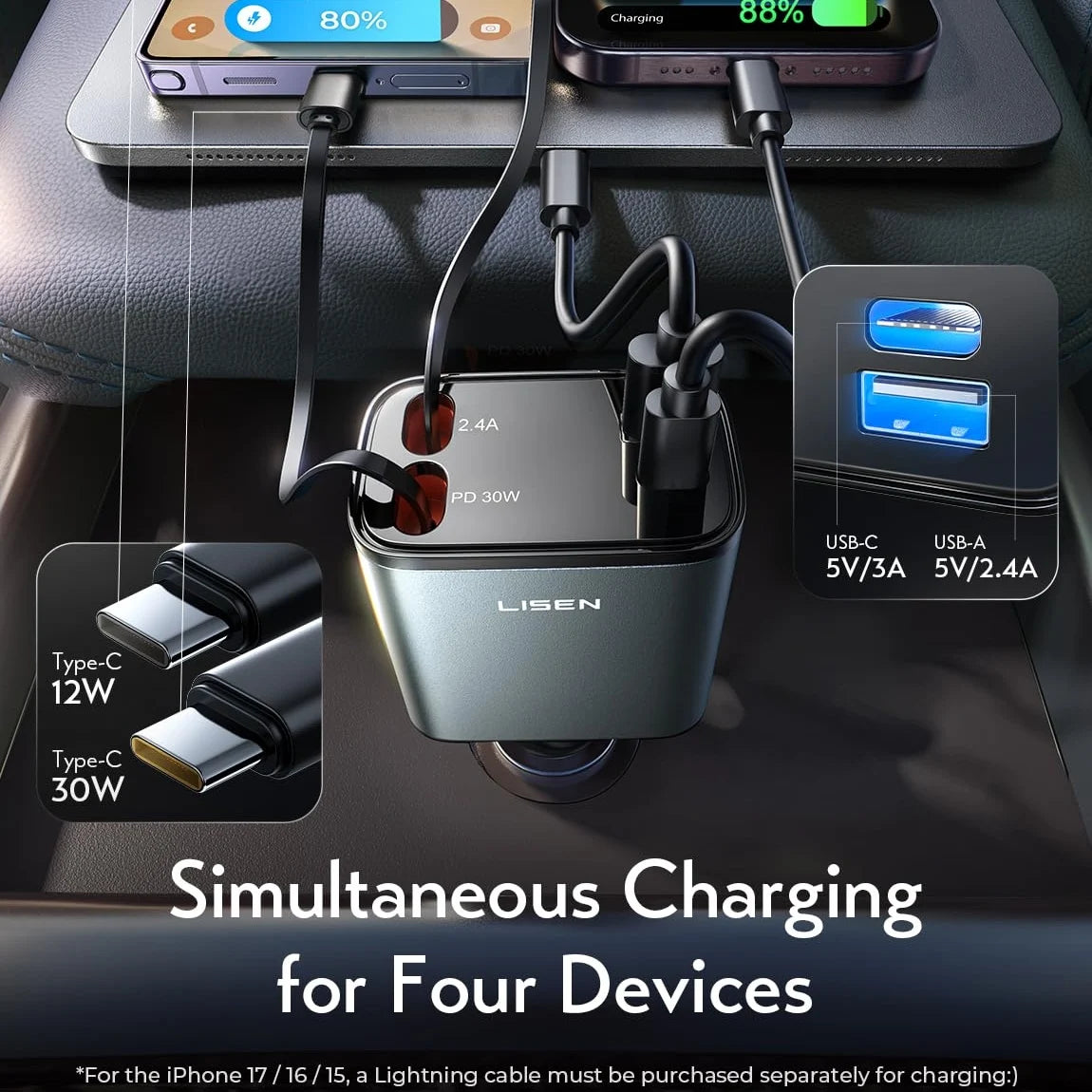 Lisen Upgraded Dual Type C Retractable Fast 69W 4 in 1 Car Charger