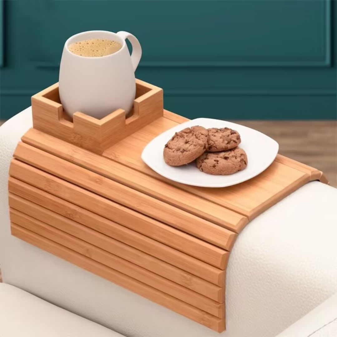 Anti Falling Sofa Arm Tray & Holder - Natural Bamboo Wood