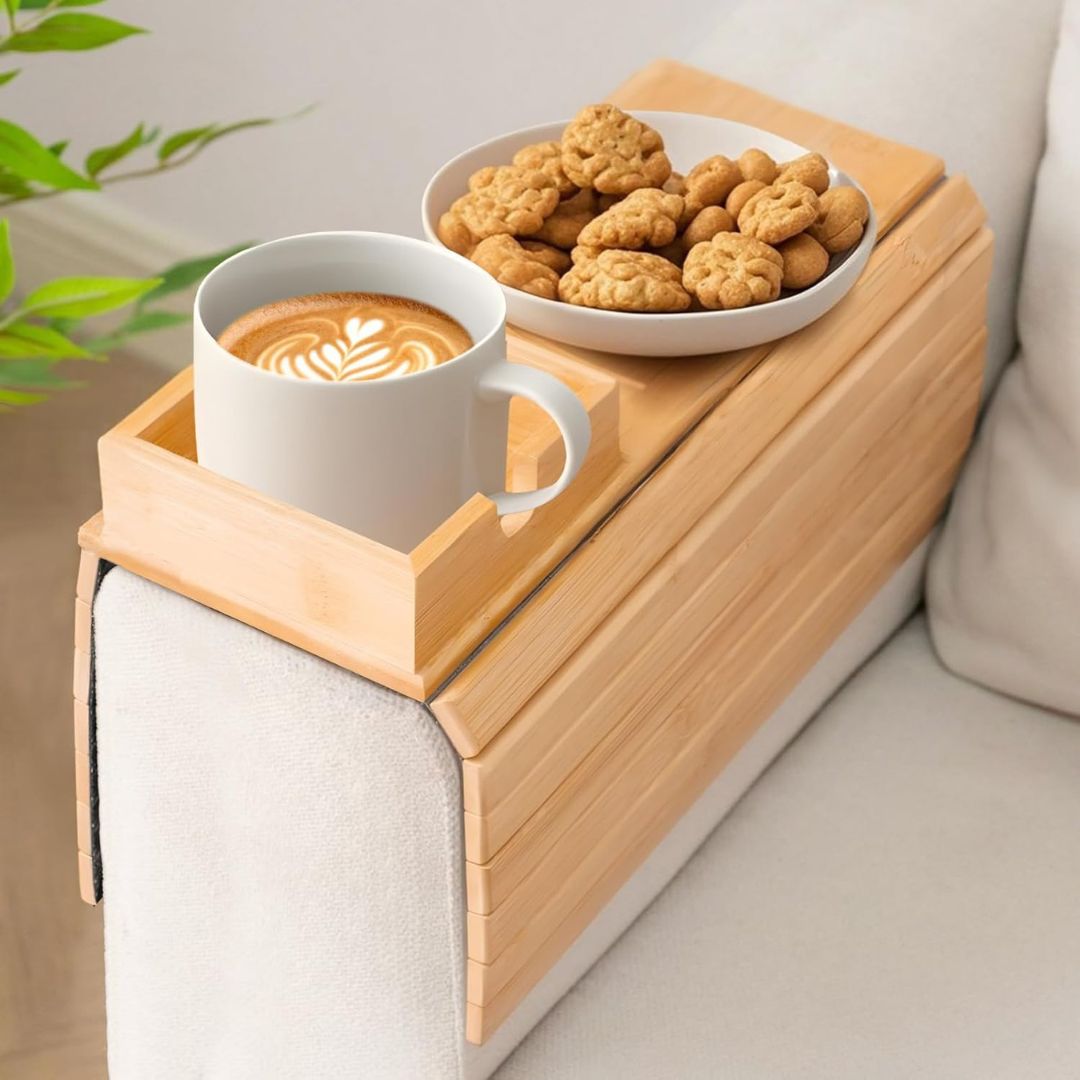 Anti Falling Sofa Arm Tray & Holder - Natural Bamboo Wood