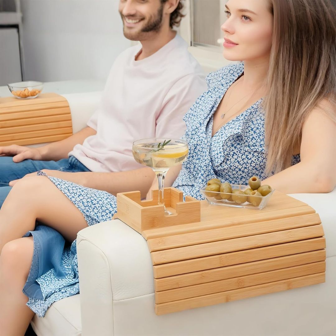 Anti Falling Sofa Arm Tray & Holder - Natural Bamboo Wood