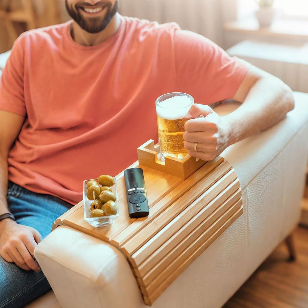 Anti Falling Sofa Arm Tray & Holder - Natural Bamboo Wood
