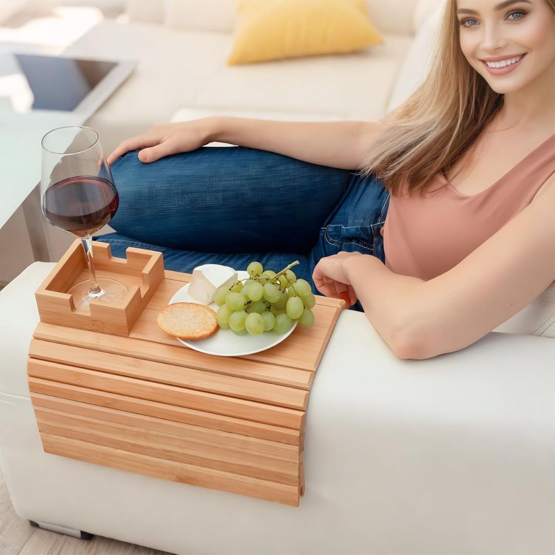 Anti Falling Sofa Arm Tray & Holder - Natural Bamboo Wood